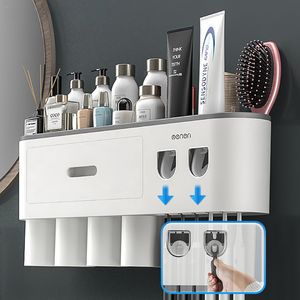 Toothbrush Holders Magnetic Toothbrush Holder Wall Storage Rack Cups With 2 Toothpaste Dispenser For Home Organizer Bathroom Accessories Set 230921