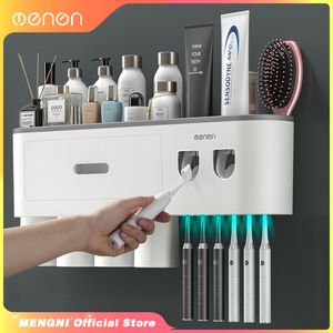 Toothbrush Holders MENGNI Adsorption Inverted Toothbrush Holder Wall Automatic Toothpaste Squeezer Storage Rack Bathroom Accessories 230629