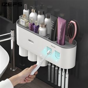 Toothbrush Holders Wall-mounted Holder With 2 Toothpaste Dispenser Punch-free Bathroom Storage For Home Waterproof Accessories 220929