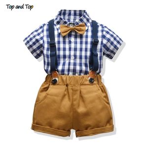 Top y conjuntos de ropa de moda para niños pequeños, camisa de manga corta a cuadros de algodón + pantalones cortos con tirantes, traje de 2 uds para caballero de bebé 220507