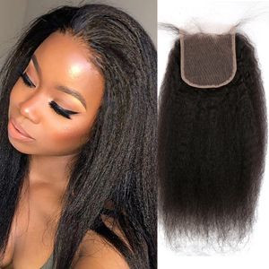 Kinky Straight Lace Closure 100% Cheveux humains non transformés Lace Closure 4x4 Lace Free Part Yaki Fermetures droites Noir naturel