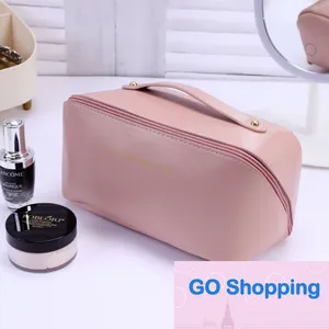 Bolsa de cosméticos superior, bolsa de Pu, estuche de cosméticos portátil de gran capacidad para mujer, bolsa de aseo de viaje, bolsa de almacenamiento de cosméticos al por mayor