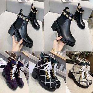 Top Designer Autumn and Winter Double Lace Leather Women's Rhinestone Ankle Boots Short Boots Sand Boots Elevated Thick Heel Martin Boots Snow Boots