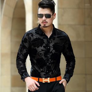 Chemises habillées pour hommes Top Mode Luxe Hommes Velours Hiver Chaud Formel Épais Chemise Slim Fit Fleur Motif Soie Noir Bleu1
