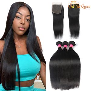 30inch Straight Hair Bundles With Lace Closure 9A Peruvian Straight Human Hair Bundles With 4x4 Lace Closure