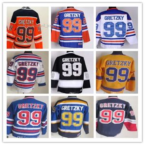 Top Man 99 Wayne Gretzky Vintage Hockey Jersey Negro Blanco Azul marino Azul Amarillo Púrpura Naranja Bordado alternativo Uniformes transpirables 3026