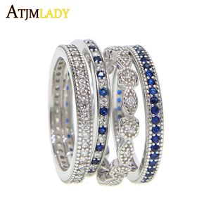 fascia di fidanzamento con zirconi cubici blu chiaro di alta qualità 4 pezzi pila impilabile anello da donna in argento sterling 925 eternity cz