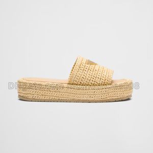 Sandalias de tela de alta calidad, zapatillas de paja de rafia, sandalias de diseño de hebilla triangular para mujer, zapatos planos de fondo grueso, sandalias de playa, deslizador, tallas grandes, venta al por mayor