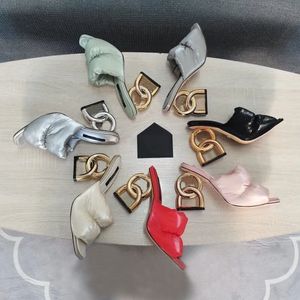 Top qualité en cuir véritable bas pantoufles pour femmes mode vers le bas matériel en cuir verni motif de lézard talons hauts 9cm piste fête mariage lettre chaussure boîte assortie