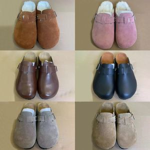 Moda Alemania Sandalias hombres mujeres zapatos Boston Shearling Suede Zuecos Plantilla suave Zapatillas de cuero Mocasines Arizona Tow-strap Sandalia rosa negro visón mujer zapato