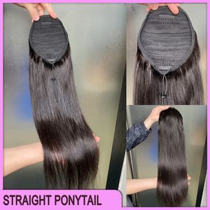 Extensiones de cabello de cola de caballo rectas y sedosas, cabello indio malasio peruano de alta calidad, cabello humano Remy virgen 100% crudo