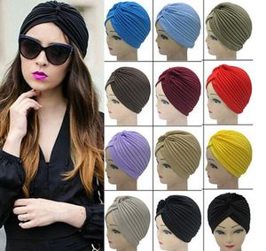 Top Qualité Stretchy Turban Head Wrap Band Sleep Hat Chemo Bandana Hijab Plissé Indian Cap Yoga turban hat 20 Couleurs Free DHL