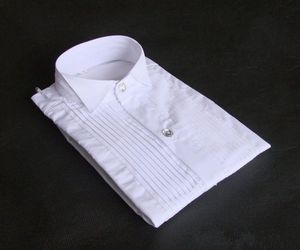 Top qualité coton blanc à manches longues chemise de marié hommes petit col pointu pli occasions formelles chemises habillées