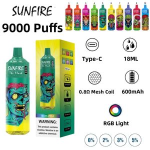 Top fournisseur Sunfire 9000 bouffées jetables Vape E cigarette vaporisateur rechargeable RGB LED débit d'air réglable Vapes Puff Bar Wape OEM / ODM stylo narguilé