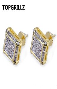 Topgrillz Hip Hop Gold Couleur glacée Iced Out Full Cumbic Zircon Square Stud Oreille Men de boucles charme Bijoux Cadeaux avec Back Backle7207573