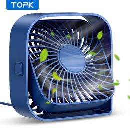 TOPK Ventilateur de bureau USB à flux d'air puissant, fonctionnement silencieux, mini ventilateur de table à trois vitesses, tête rotative à 360 ° pour la maison, le bureau, la chambre à coucher