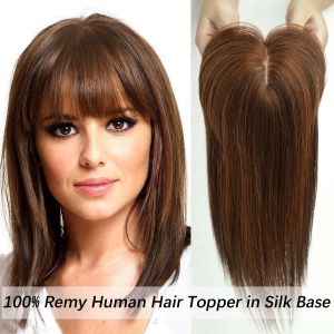 Toppers 10/12 / 14 pouces de cheveux humains pour femmes 100% Remy Human Heuving Topper Wigs with Bangs Auburn Silk Base Clips in Hair Extension