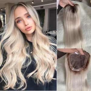 Toppers ombre Blonde 8 * 15cm Remy Hair Topper Natural Plice Clip dans les extensions de cheveux Toupee de cheveux humains pour femmes