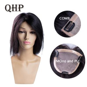 Toppers QHP Human Hair Topper Wig for Women Base de mono+Pu con clips en el cabello Toupee Remy Corbate