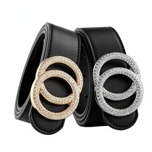 TopSelling Mujer Anillo de diamante Hebilla Cinturones de cuero negro para mujer Jeans Moda Señoras Cintura Ceinture Femme Cintura Diseñador Clásico de lujo