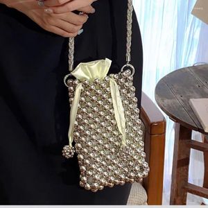 Totes Silver Pearl Bucket Bag Purse pour femmes pour femmes en diamant corde crossbody Metallic Handbag Evening Wedding