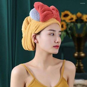 Serviette avec nœud papillon en molleton de corail, séchage des cheveux, enveloppe sèche Super absorbante avec bouton, bonnet de douche de bain princesse mignon pour femmes et filles