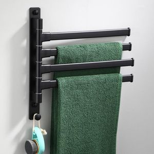 Toalleros Estante de baño negro Espacio Aluminio Montado en la pared Soporte de rotación de 180 grados Soporte de baño Estante con gancho 2 3 4 5 Varilla