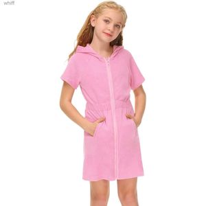 Toallas Batas Traje de baño para niña Zip Up Terrys Cubrir Albornoz con capucha con bolsillos Vestido de manga corta para niñas 5t 2t Traje de Acción de Gracias GirlL231123