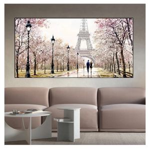 Tour paysage abstrait peinture à l'huile sur toile affiche impression mur photo pour salon romantique ville Couple Paris Eiffel Woo