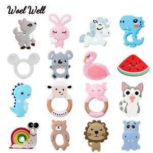 Toys 5pcs Grade Food Grade Silicone bébé teether bébé dentition Toy Pendant Bear Rabbit Cat Dinosaur Beads Diy Hippo Lion Chew