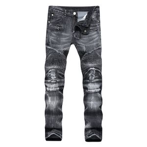 Trade Classic Retro Jeans Men Straight Slim Zipper Décoration léger pli Skinny Denim pantalon Mode Stretch Hip Hop Jogger 211108