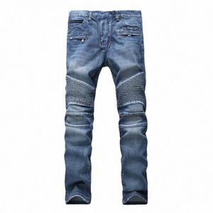 Commerce classique rétro Jeans hommes droite Slim Zipper Decorati léger pli maigre Denim pantalon Fi Stretch Hip Hop Jogger Jeans 72ye #