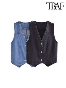 TRAF 2023 verano mujer moda botón frontal Denim chaleco Vintage cuello en V sin mangas prendas de vestir exteriores femeninas Chic Tops 240105