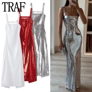 TRAF Vestido de lentejuelas sin espalda Mujer plateado Red White Slip Long Women Glitter Sexy Party Dresses Midi Prom Evening Vestidos 240421