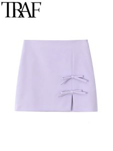 Traf Gal Sweet Bow Trim Mini jupe légère violette 2024 Zipper High Waited Split Side Aline Extreme Short Femme Y2k 240402