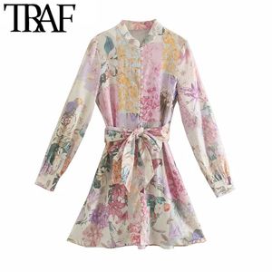 Traf Women Chic Fashion With Belt Floral Print Linen Mini Robe Vintage O Col Long Manche Female Vestidos 210415