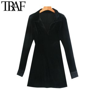 TRAF Femmes Mode Velours Noir Ajusté Mini Chemise Robe Vintage V Cou À Manches Longues Robes Femelles Robes Mujer 210415