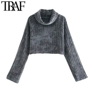 TRAF, suéter de punto de chenilla recortado suelto a la moda para mujer, suéteres femeninos de manga larga con cuello alto Vintage, Tops elegantes 210415