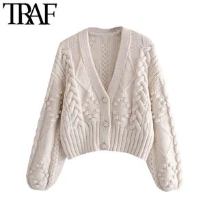 TRAF Mujeres Moda Pompom Apliques Recortado Punto Cardigan Suéter Vintage Manga Larga Mujer Ropa Exterior Chic Tops 210415