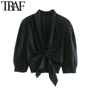 TRAF Mujeres Moda con ribete elástico Blusas recortadas con volantes Vintage Puff Manga Arco Atado Camisas femeninas Blusa Chic Tops 210721