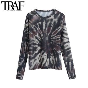 TRAF Mujeres Sexy Moda Ver a través de Tie-Dye Imprimir Blusas de tul Vintage O Cuello Manga larga Camisas femeninas Chic Tops 210415