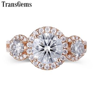 Transgems Halo Trois Pierre Bague de Fiançailles 18K Or Rose 3 Pierre Type Halo Bague pour Femmes Fine Bijoux Cadeau De Mariage Y200620