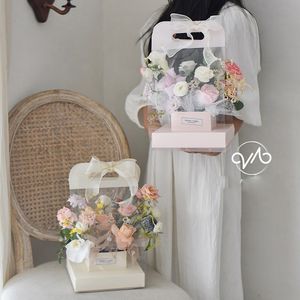 Bolsa de embalaje transparente de flores con asa, cajas de papel de regalo para ramo, para boda, Día de San Valentín
