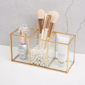 Caja de almacenaje para brochas de maquillaje de cristal transparente, contenedor de cosméticos dorado, anillo, soporte para lápiz labial, organizador de brochas de maquillaje