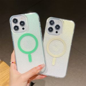 Étui de téléphone PC brillant magnétique transparent pour iphone 15 14 13 12 11 Pro max plus protéger la couverture arrière antichoc mignon femmes filles brillant brillant Bling étuis scintillants