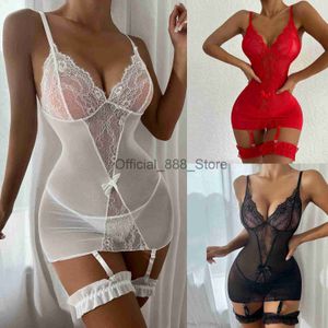 Ropa interior sexy transparente Mujeres Lencería erótica Sexy encaje floral con cuello en v vestido bodycon con tanga ligas set babydoll disfraces x0824