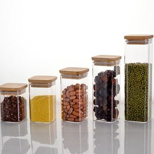 Recipientes de almacenamiento de alimentos de vidrio cuadrado transparente Frascos transparentes Botellas para granos Cereales Frijoles Nueces Botellas de vidrio con tapa de bambú 120pcs