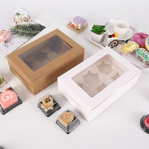 Cajas transparentes para magdalenas con ventana, caja para muffins de papel marrón blanco, embalaje para hornear RH2817