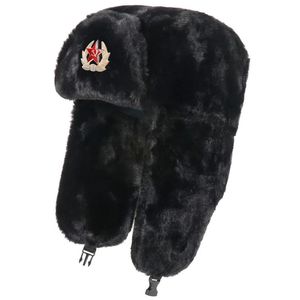 Trapper Hats Men Women Soviet Army Military Badge Russia Bomber Hats Pilot Trapper Trooper Hat Winter Faux Fur Earflap Ski Snow Caps Ushanka 231113