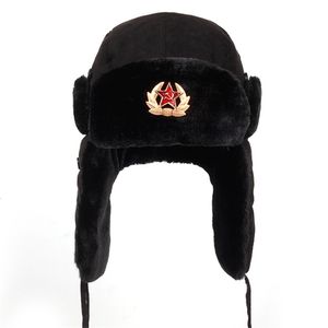 Trapper Hats Soviet Army Military Badge Russia Ushanka Bomber Pilot Cap Winter Faux Rabbit Fur Earflap Snow Caps hat 231219